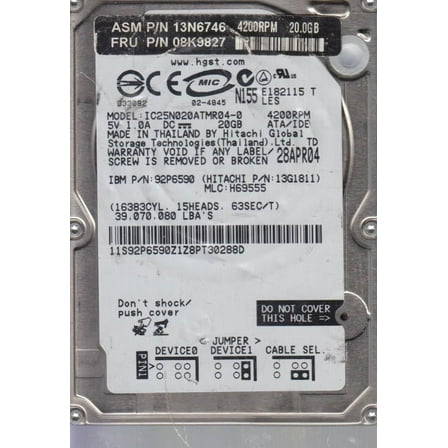 IC25N020ATMR04-0, PN 13G1811, MLC H69555, Hitachi 20GB IDE 2.5 Hard Drive