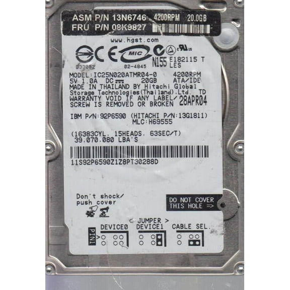 IC25N020ATMR04-0, PN 13G1811, MLC H69555, Hitachi 20GB IDE 2.5 Hard Drive