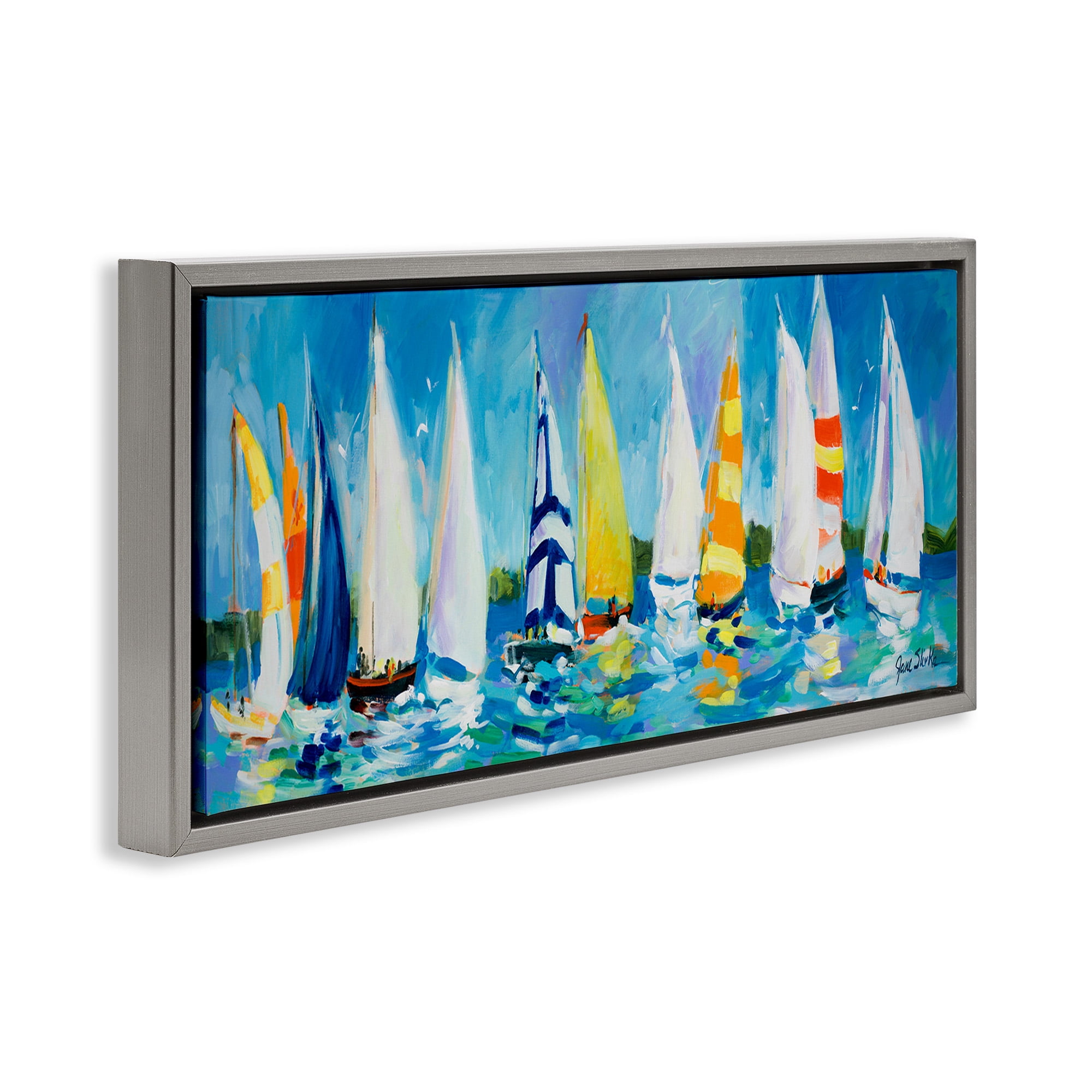 Stupell Industries Regatta Sailboat Fleet Transportation Painting Gray Floater Framed Canvas Art Print Wall Art, 31 x 14