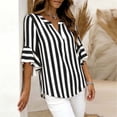 thumbnail image 6 of Women's Casual Loose Linen Striped V-Neck Three-Quarter Sleeve Ruffled Top, 6 of 8
