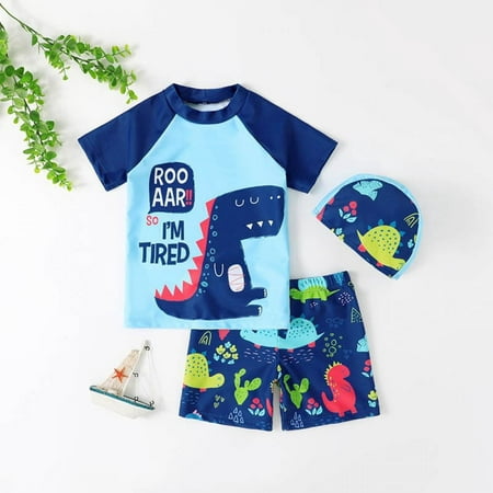 

Esho 3Pcs Toddler Boys Girls Rashguard Swimsuits Bathing Suit Kids Short Sleeve Cartoon Print Shirts + Trunks + Swim Hat Swimwear Set 1-7T
