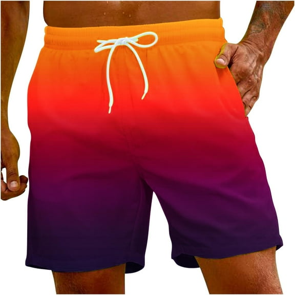 QQAMB Swimming Trunks for Men Drawstring Gradient Color Elastic Waist Bathing Suits Hawaiian Beach Shorts with Pockets Orange 2XL