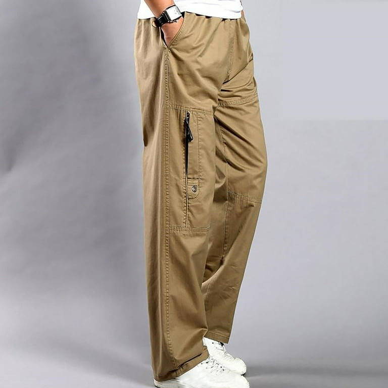 Men Cargo Combat Loose Elastic Waist Khaki Trousers Multi Pocket Plus Size  Pants