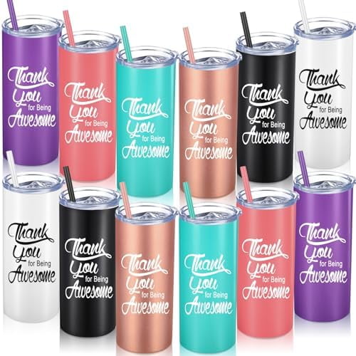 Thank You Gifts for Being Awesome Tumbler 16 oz Stainless Steel Travel Tumbler with Lid and Straw, Employee Coworker Friends Appreciation Gifts for Office(Plain Colors,12 Sets)