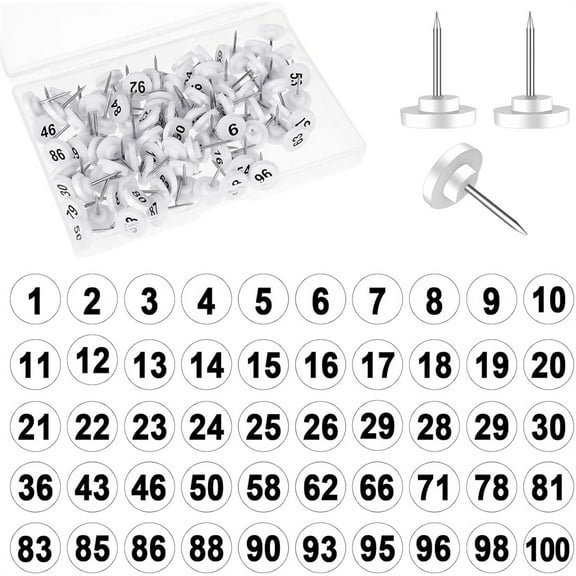 Duslogis 100 Pcs Numbered Push Pin Tacks, 1-100 Sequential Pins Thumb Tacks Flat Tacks Push Pins with Numbers, Plastic Head Map Pins with Steel Point Push Pins Thumbtacks for Maps Photo, White
