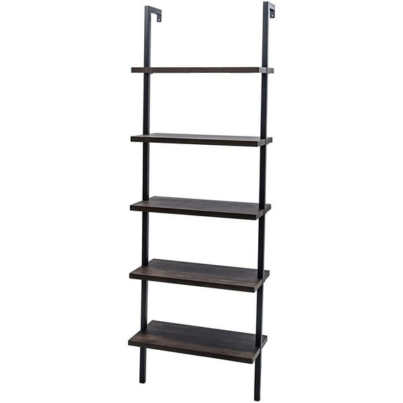 Ktaxon 5-shelf Wall Mounted Bookshelf, Industrial Wood Ladder Bookcase with Heavy Duty Metal Frame, Dark Walnut