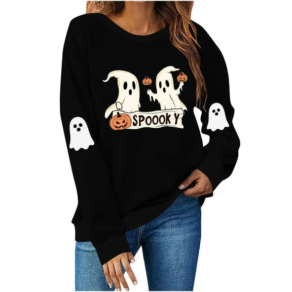 Halloween Sweatshirts for Womens Crewneck Ghost Printed Shirts Fall Winter Long Sleeve Sweaters Casual Blouses Loose Sweatshirt Pullover Top Halloween Costumes
