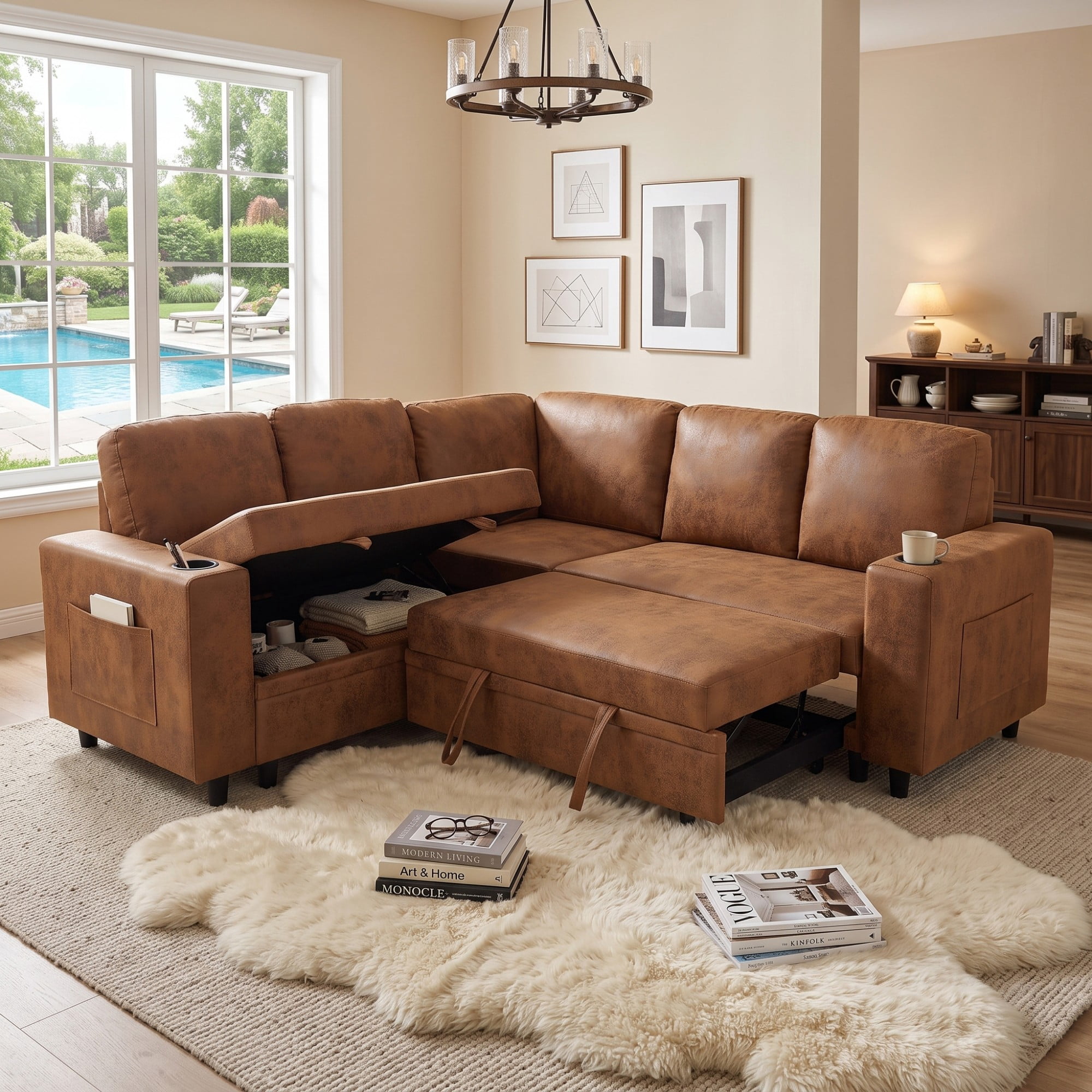 BSHTI 76.5" Polyester L-Shaped Sectional Sofa Bed with Hidden Storage, Cup Holders, Side Pockets, Pull-Out Design for Living Room (Light Brown)