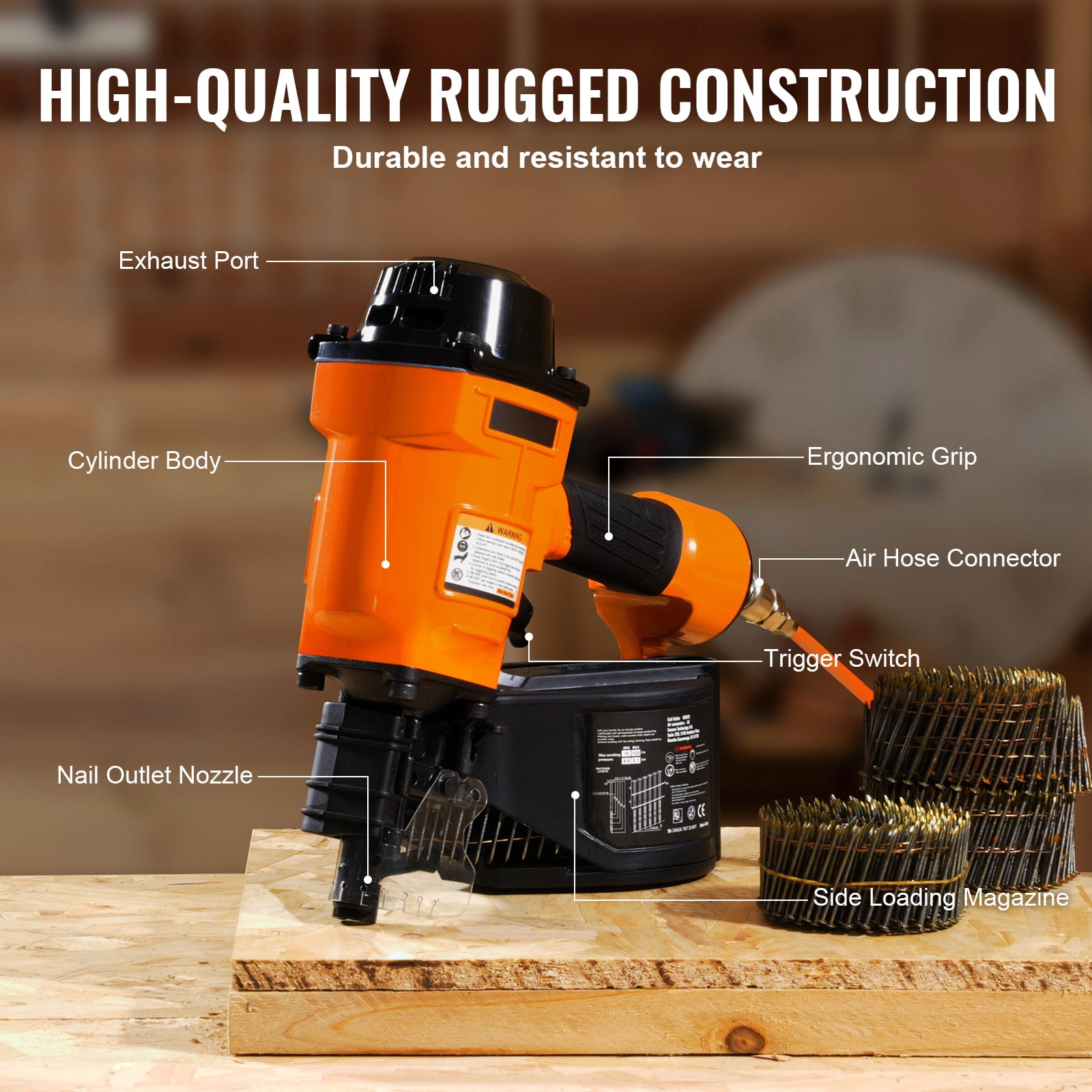 KFFKFF Pneumatic Coil Siding Nailer MCN70, Compatible with 1-3/4" to 2-3/4" Nails, 15 Degree Angle, 70-120PSI, Ideal for Pallets, Crates, Frames, Siding & Fences