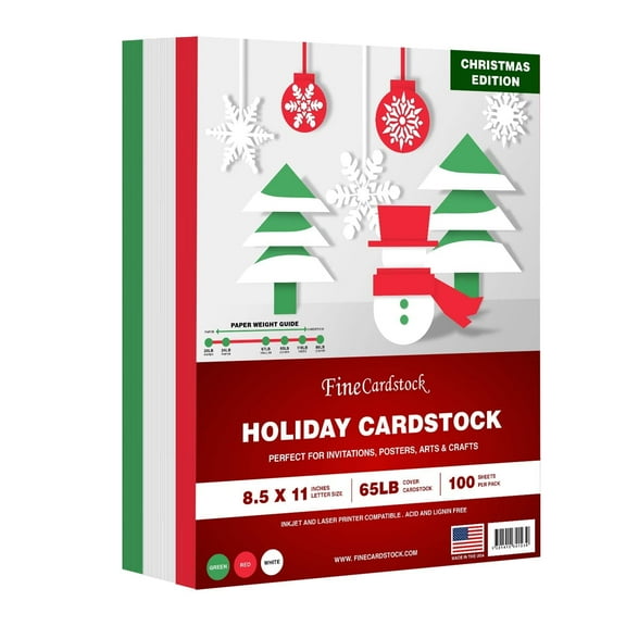 Holiday Christmas Colored Card Stock Paper, Red, Green & White 8.5 x 11" Cardstock for Greetings, Gift Tags, Art & Crafts, Invitations & Announcements | 25 Red, 25 Green, 50 White (100 Sheets Total)
