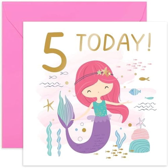 Old English Co. 5th Birthday Card for Girl with Mermaid Starfish - Cute Girls Happy Birthday Cards - Purple Gold Fifth Birthday Card for Her - Age Five Girl Birthday Card | Blank Inside Envelope