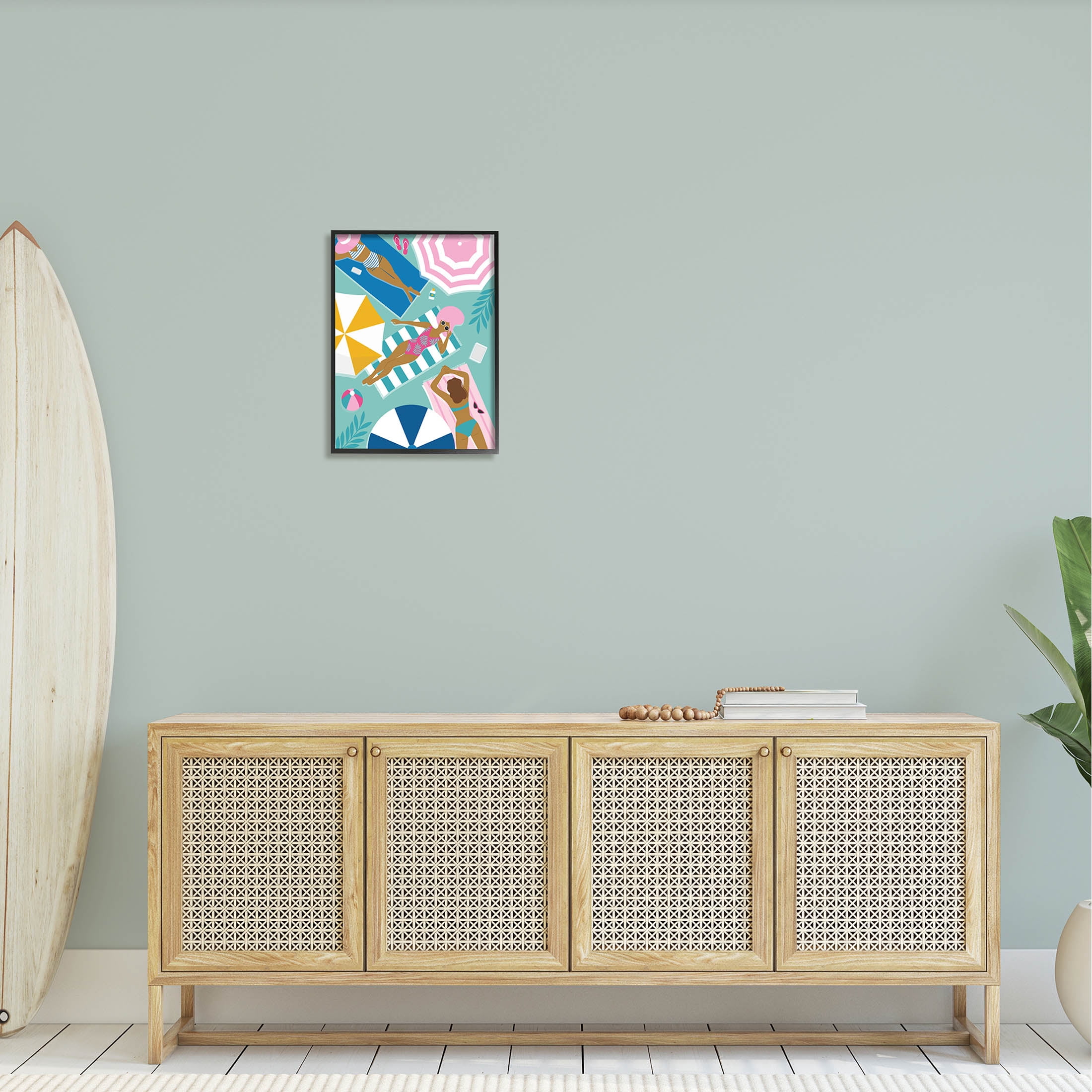 Modern Summer Sunbathing Girls Coastal Graphic Art Black Framed Art Print Wall Art
