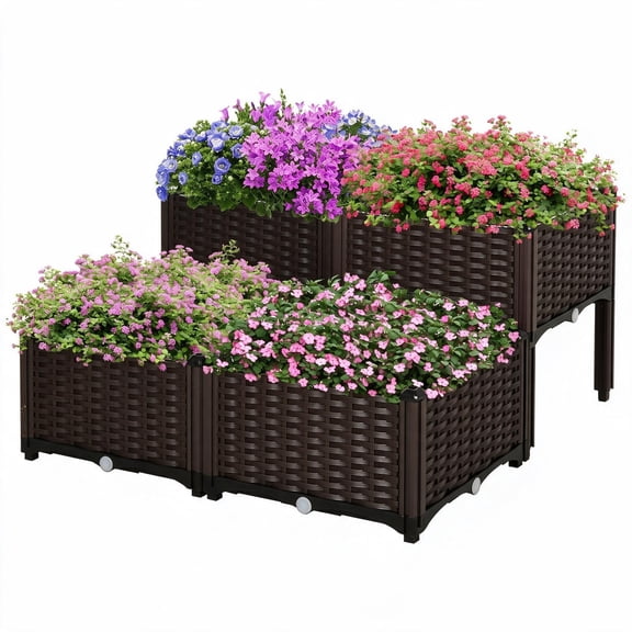 Outsunny 4 Piece Raised Garden Bed with Legs, Self-Watering Planter Box, Plastic Modular Planter for Herbs Vegetables Flowers, Brown