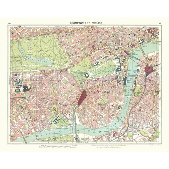 Historic Map - Brompton Pimlico London - Bartholomew 1921 - 28.92 x 23 - Vintage Wall Art