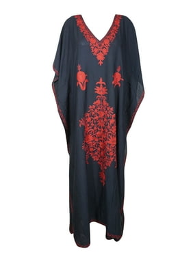 Mogul Women Black Maxi Dress Caftan Red Floral Embroidered Kimono Sleeves Resort Wear House Dress 2XL