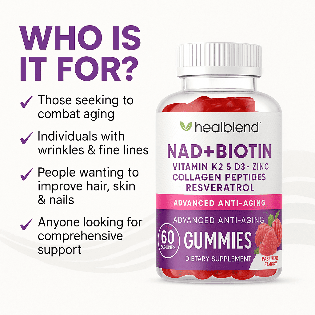 Healblend NAD+ Biotin Gummies – Collagen Peptides, Resveratrol, Keratin & Berberine – Anti-Aging Hair, Skin & Nail Support – Vitamin K2 & D3, Zinc – Raspberry Flavor – 60 Gummies