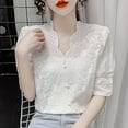 thumbnail image 3 of Olyvenn Women's Embroidered Puff Sleeve Casual Hollow Short Sleeve Shirt V-Neck Flowing Shirt Elegant Lace Tops White M, 3 of 5