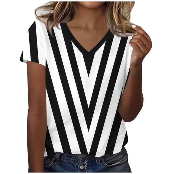 Khunlpohl Short Sleeve Tshirt for Womens Striped V Neck Casual Shirts Summer Trendy Loose Comfortable Lightweight Clothes