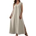 thumbnail image 2 of QUNYINEY A Line Women's Dresses Summer Sleeveless Long Sundress Solid Casual with Slit Loose Fit V-Neck Dresses, 2 of 7