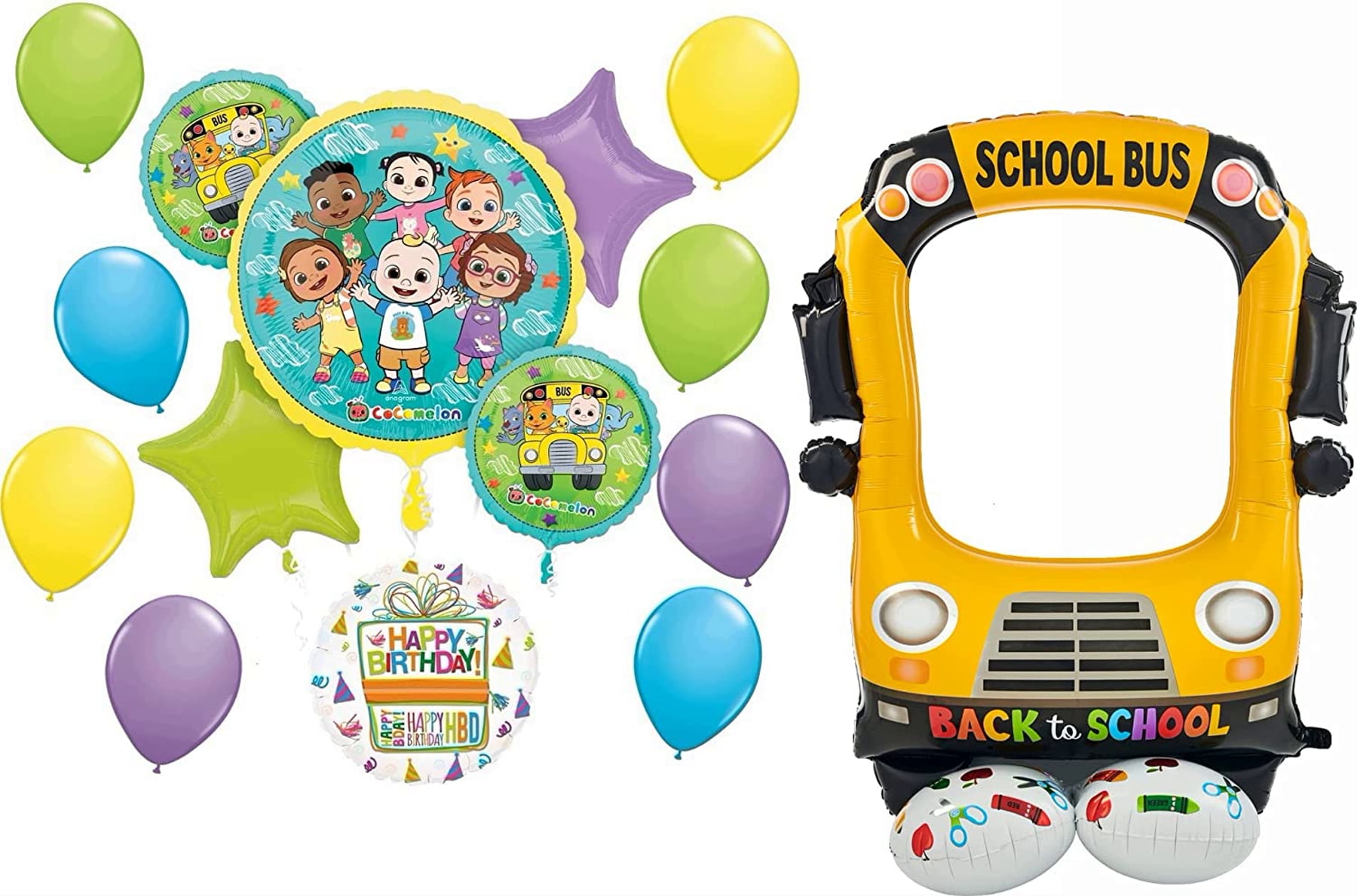 Cocomelon Birthday Balloon Bouquet Decorations with 56' Selfie School Bus Airloonz