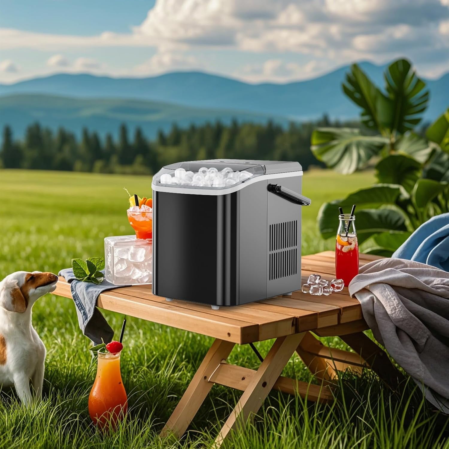 This countertop ice maker with a handle is portable and makes 9 bullet-shaped ice cubes in 6 minutes. It produces 26 pounds of ice in 24 hours, features automatic cleaning, and comes with a strainer