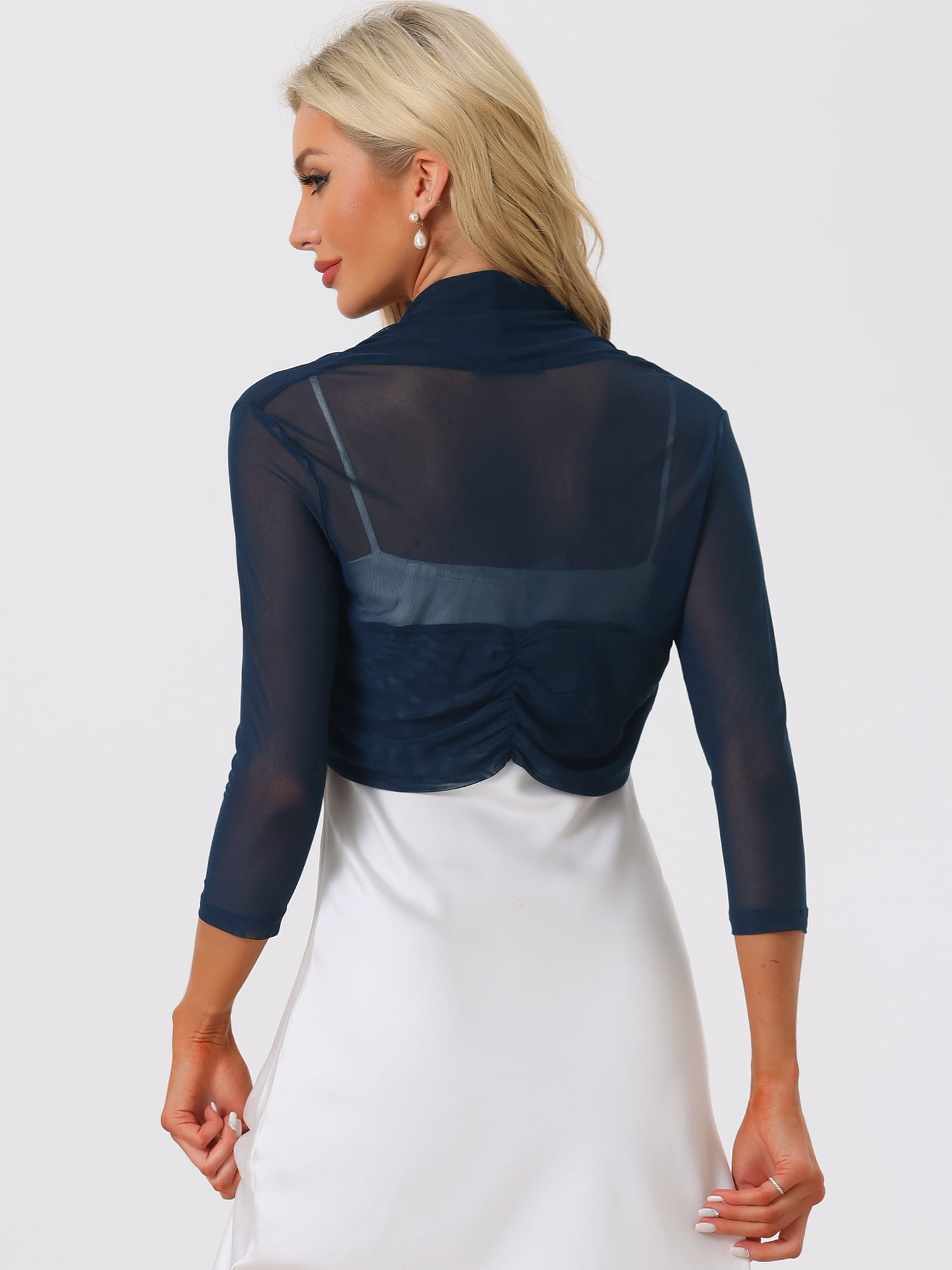 DARING DIVA Women's Semi Sheer 3/4 Sleeves Cardigan Bolero Shrugs L Navy Blue