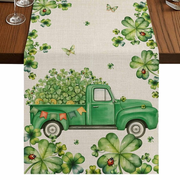 Table Runners 120 Inches Long Dress Scarves, St. Patrick's Day Farmhouse Coffee/Dining/Kitchen Table Runner for Living Room, Green Shamrocks Truck Plants Retro Beige 13x120 Inch