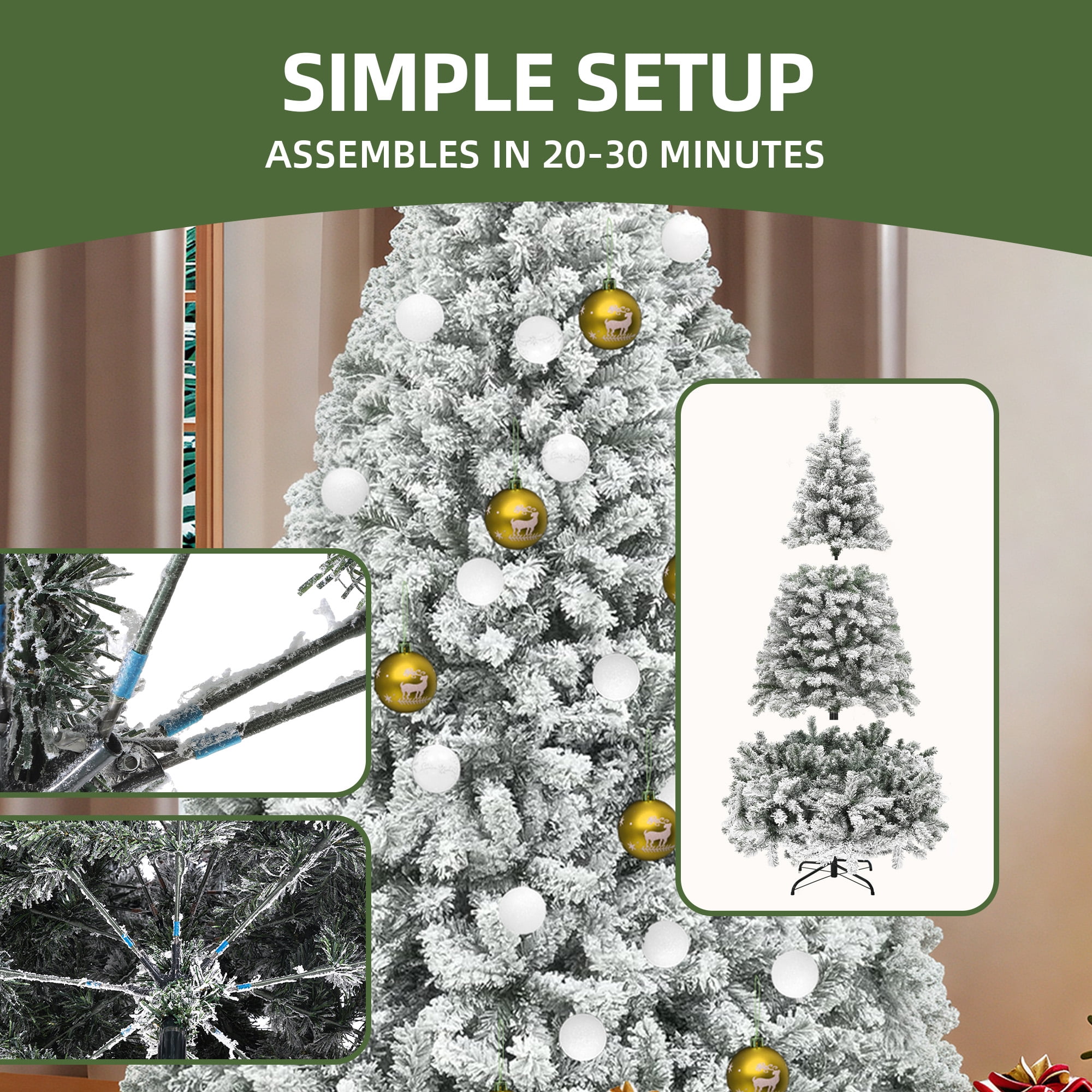 Uforic 6 ft Pre-lit Snow Flocked Artificial Christmas Tree with 880 Branch Tips, Green