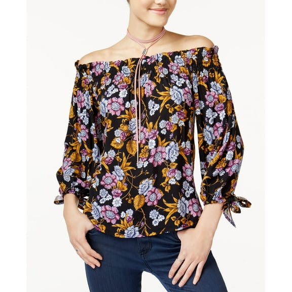 7 Sisters Juniors' Printed Off-The-Shoulder Top (Black Floral, XS)
