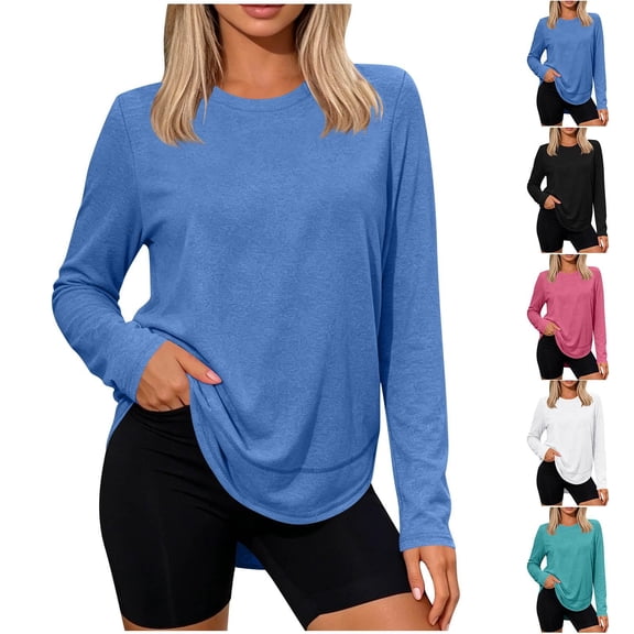 CBASIHI Womens Workout Tops Long Sleeve- Comfy Loose Fit Yoga Gym Athletic Casual Crew Neck T Shirts Blue Size S-2XL