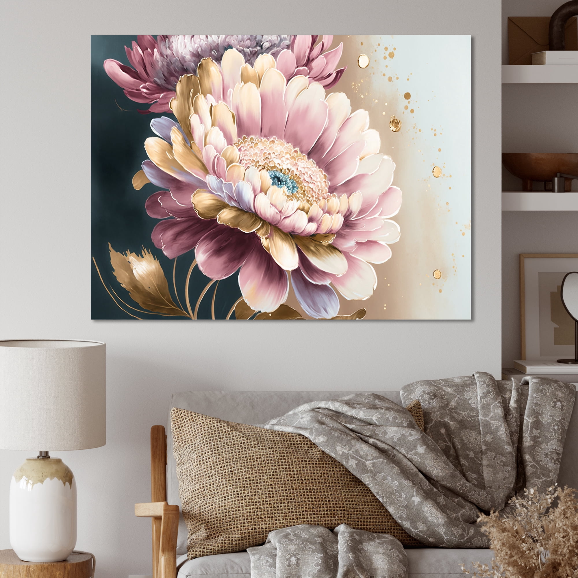 Designart Pink And Gold Daisy Flower Canvas Wall Art