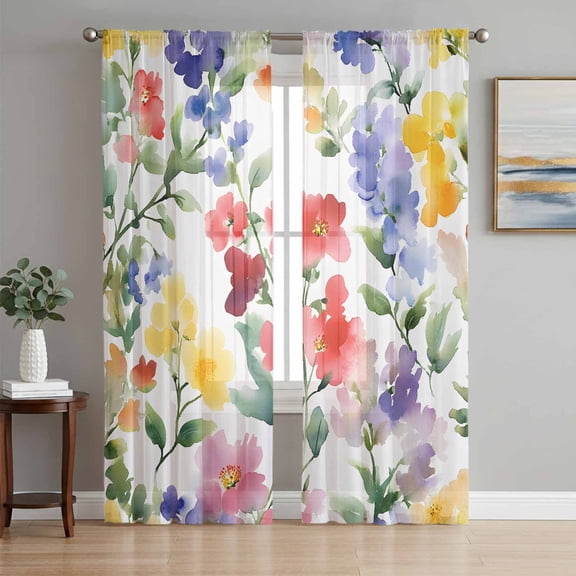 Sheer Curtains 96 Inches Long 2 Panels Set for Living Room, Spring Flower Semi Sheer Curtains for Windows, Abstract Gradient Blue Purple Red Green Voile Window Treatments Rod Pocket Curtain