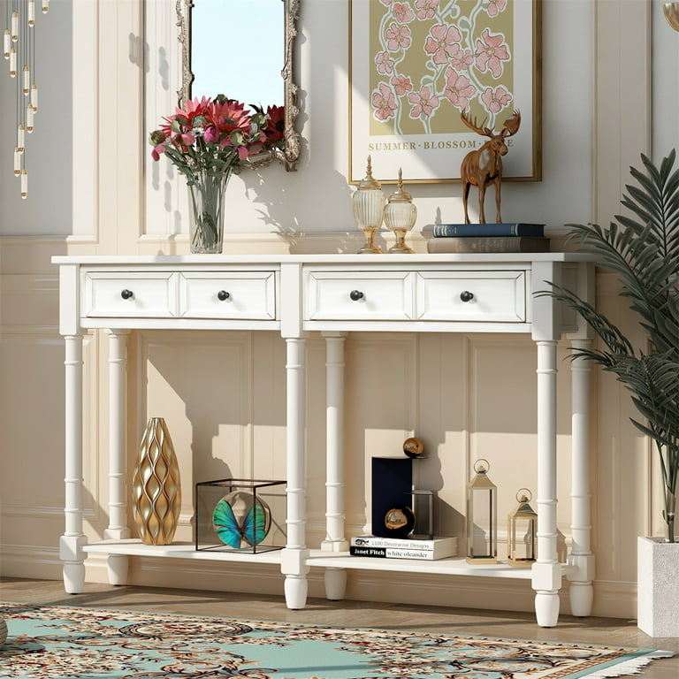 Console Table, Sofa Table Sideboard Serving Station with Two Storage  Drawers & Bottom Shelf, 58”L Rectangular Side Console Table Classic Accent  Table