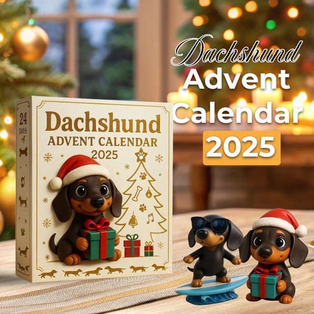 calendario de adviento de perro salchicha 2025 calendario de adviento navideño amarillo con cuenta regresiva de 24 días y adornos colgantes; vista frontal centrada de la caja con ilustración de perrito salchicha y dos figuras decorativas con gorro navideño sobre mesa en ambiente con árbol de Navidad desenfocado. Ideal para amantes de los perros y como decoración de temporada.