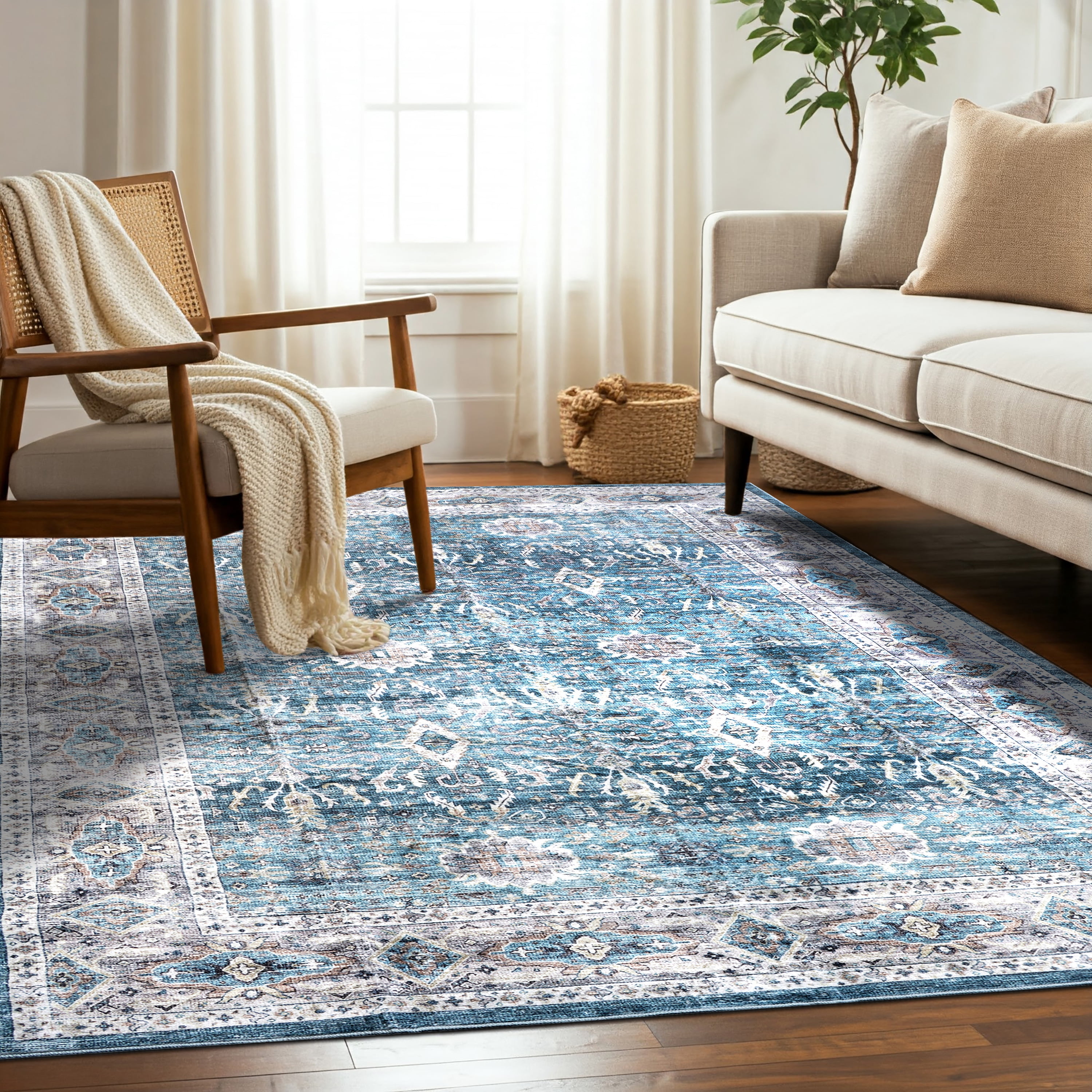 Delara 5'x7' Machine Washable Area Rug, Soft & Durable, Non-Slip, Stain Resistant, Azure Haven, for Bedroom, Living & Dining Room