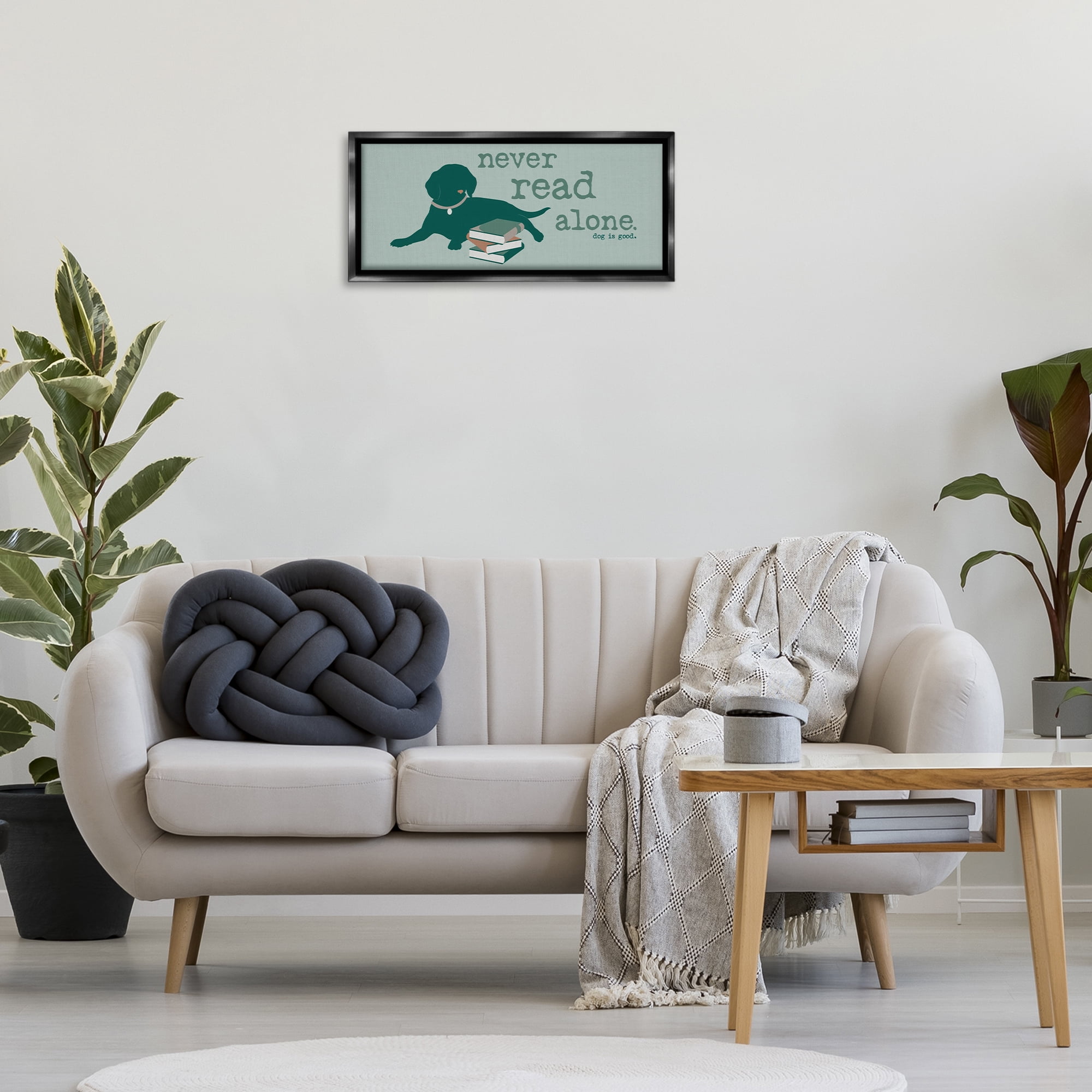 Stupell Industries Never Read Alone Dog Animals Painting Black Floater Framed Canvas Art Print Wall Art, 25 x 11