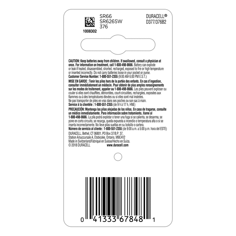 Batteria Orologio Duracell Duracell 377 SR626SW - Batterie Ossido D'Argento Per Orologi, 2 Pezzi Da 1.55V Batterie Replacement Orologi