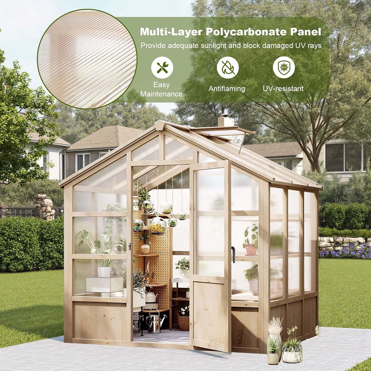 Outdoor Greenhouse, 8x6FT Heavy Duty Wooden Greenhouse with Polycarbonate Panels & Lockable Door - Sturdy Wood Frame Garden Green House with Adjustable Roof Vent, for Yard, Gardening（ship in 3 boxes）