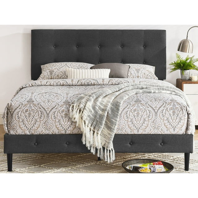 DeCoro Cambridge Upholstered Wooden Platform Bed Frame, Queen, Dark Grey