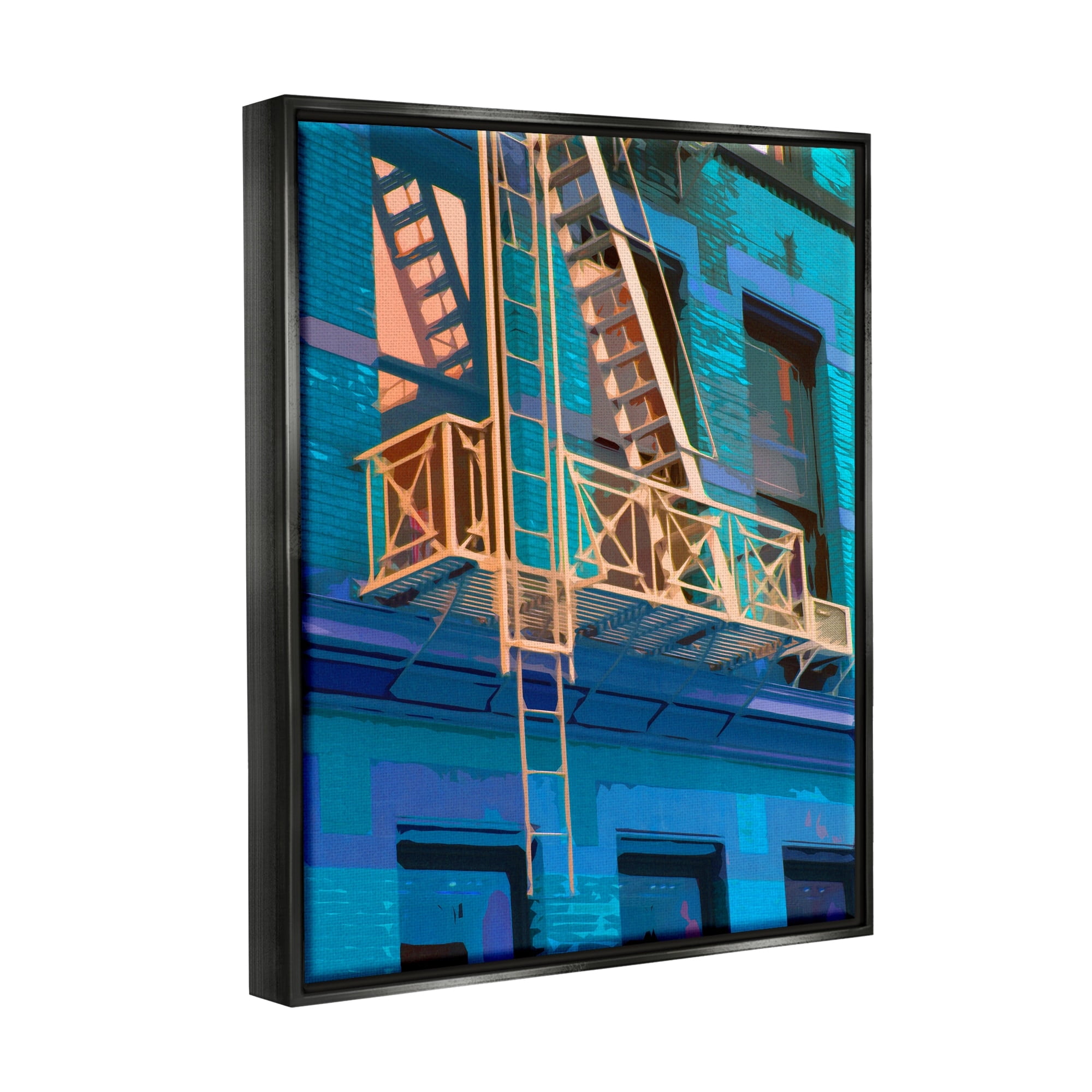 Stupell Industries Urban City Architecture Building Blue Evening Lighting Painting Metallic Gold Floating Framed Canvas Print Wall Art, Design by Noah Bay