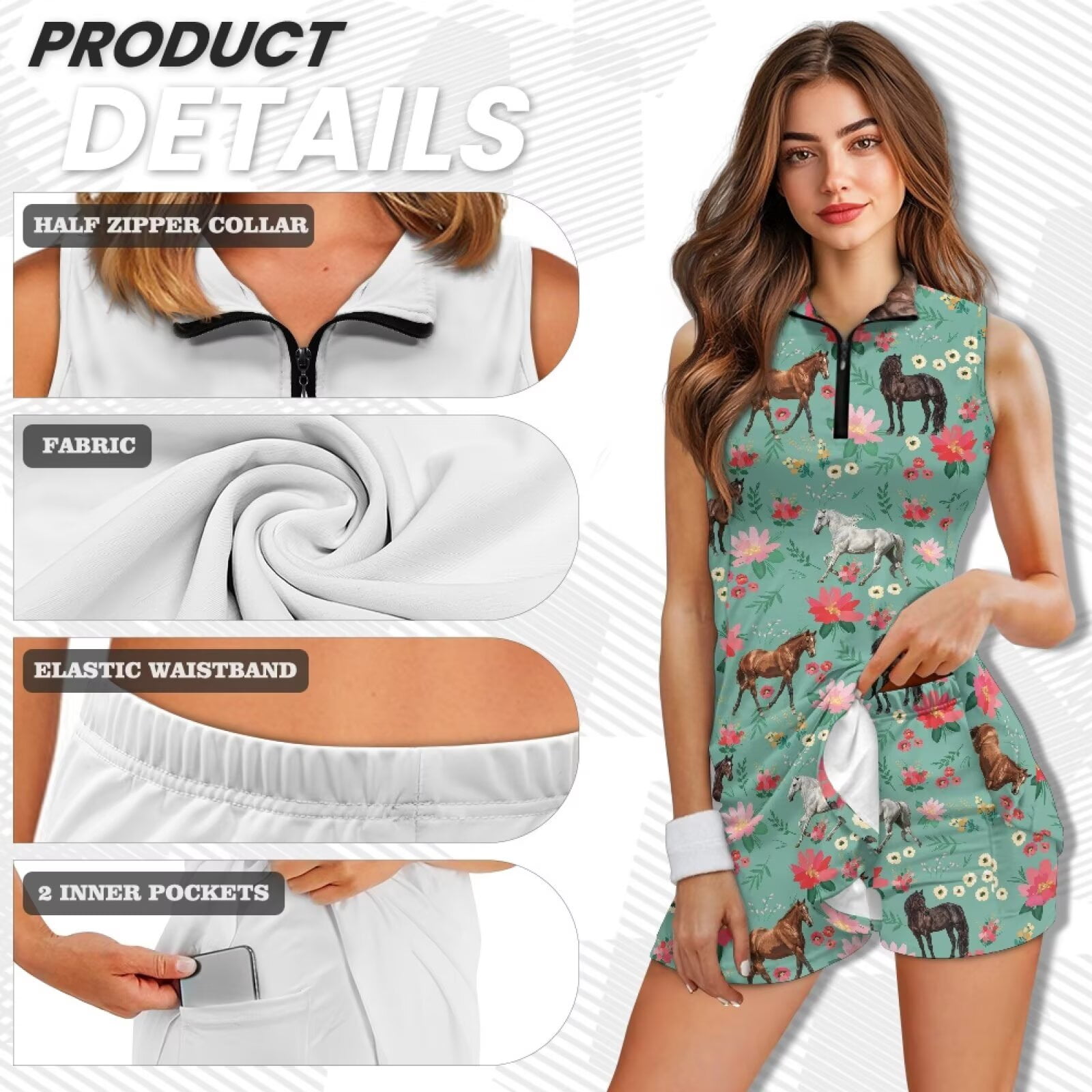 Yuyamidu Wild Horse Womens Tennis Golf Dresses Size M Comfortable Workout Athletic Dresses Sleeveless Workout Golf Dress with Built in Shorts and Pockets Sports Activewear Dress