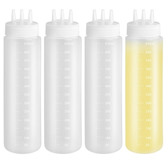 4 PCS 3 Holes Sauce Bottle Squeeze, 24 oz Squeeze Bottle with Scale, Condiment Squeeze Bottles with Tri-Cone Nozzle, Plastic Squirt Bottles for Syrup Ketchup Dressing Oil Honey