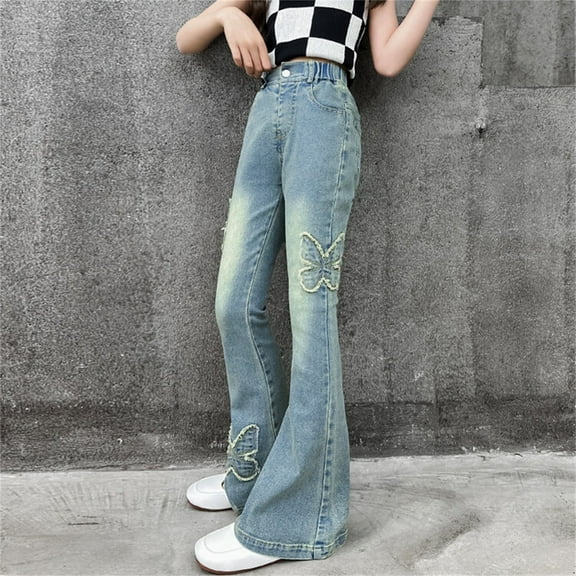 Kids Girls' Fashion Jeans Denim Elastic Wasit Wide Leg High Waist Denim Pants Teen Clothing Cowgirl Pants