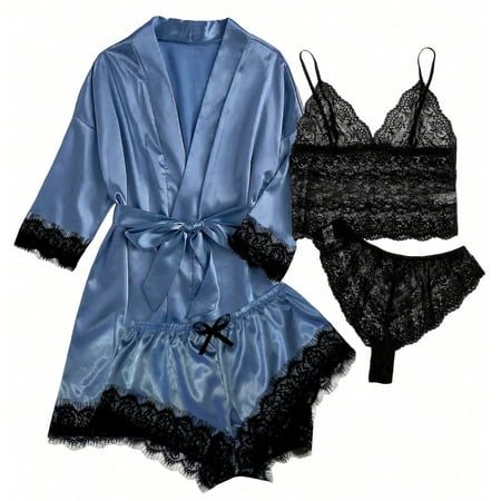 Levmjia Women s Short Sleeve Pajama Sets Nightshirts 4-Piece Women Sexy Garter Lingerie Set Robes Lace Bodysuit Deep-V Neck Underwear
