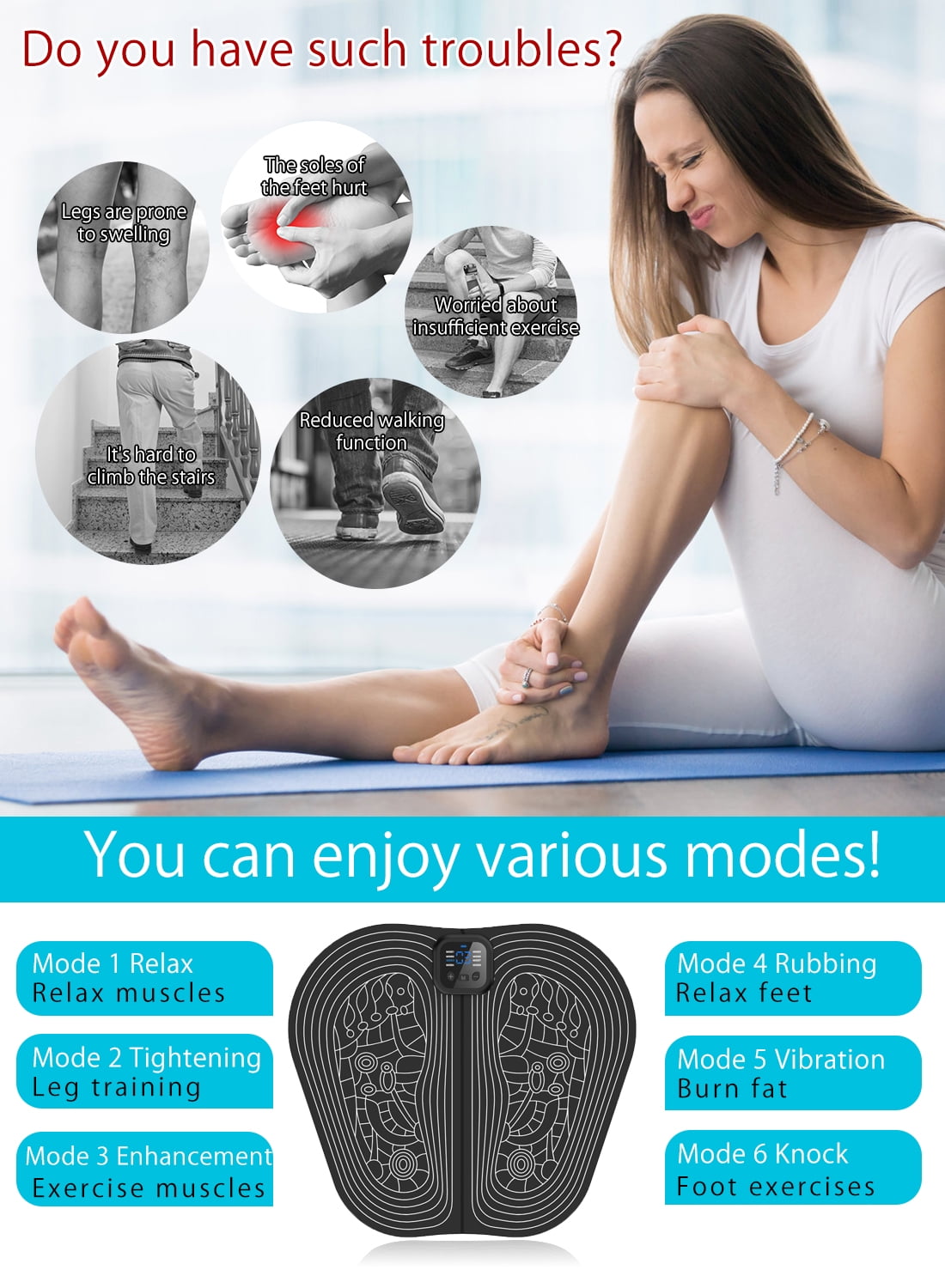 EMS Electric Foot Massager Mat Pad Remote Control USB LED Portable Rechargeable for Men Women 8 Modes 30 Intensity Levels
