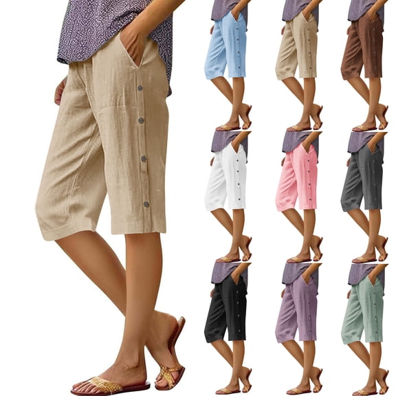 Women's Cargo Shorts Ladies Cotton Linen Long Shorts Casual Loose Summer Beach Bermuda Shorts with Pockets Khaki XXL