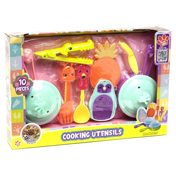 Zoo Troop: Cooking Utensils - 10pc Animal Themed Kitchen Playset, Pots/Lids, Fork, Spoon, Tongs, Grater, Cutting Board & Knife, Toy Set, Kids Ages 2