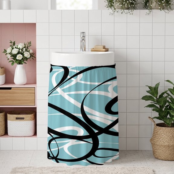 Small Cabinet Curtain 10''W x 11''L, Aqua Geometric Under Sink Cover Drapes, Modern Black White Striped Abstract Lines Self Adhesive Cabinet Skirt for Kitchen/Bathroom Vanity/Laundry Room/Open Shelf