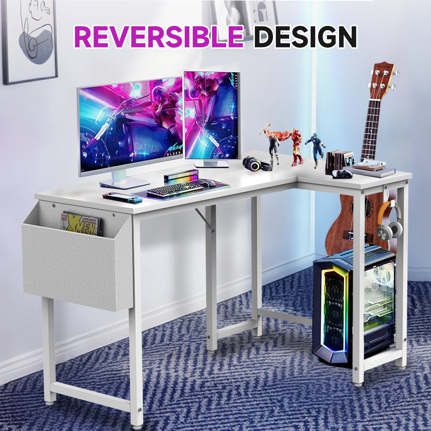 Koligey 47" L-Shaped Ergonomic adults Gaming Desk with Headphone Hook for Game Players, White