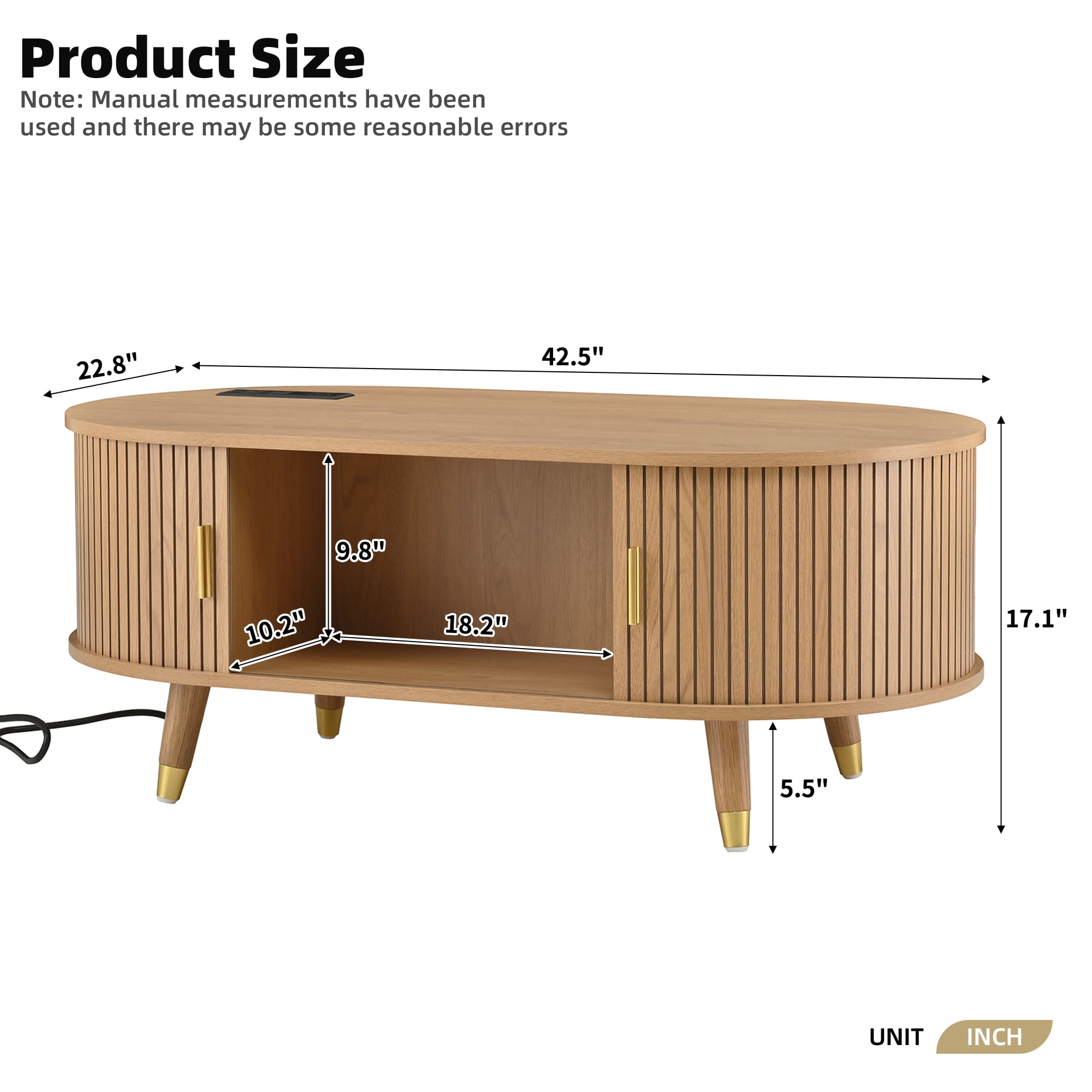 Euroco 42.5"W Wooden Oval Fluted Coffee Table with Charging Station, Mid-Century Center Table with Sliding Tambour Door,Farmhouse Cocktail Table for Living Room, Natural/Teak